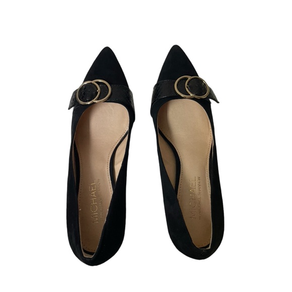 Michael Michael Shannon Black Suede Point Toe Gold Embellished Block Heels 7.5 - Picture 12 of 13